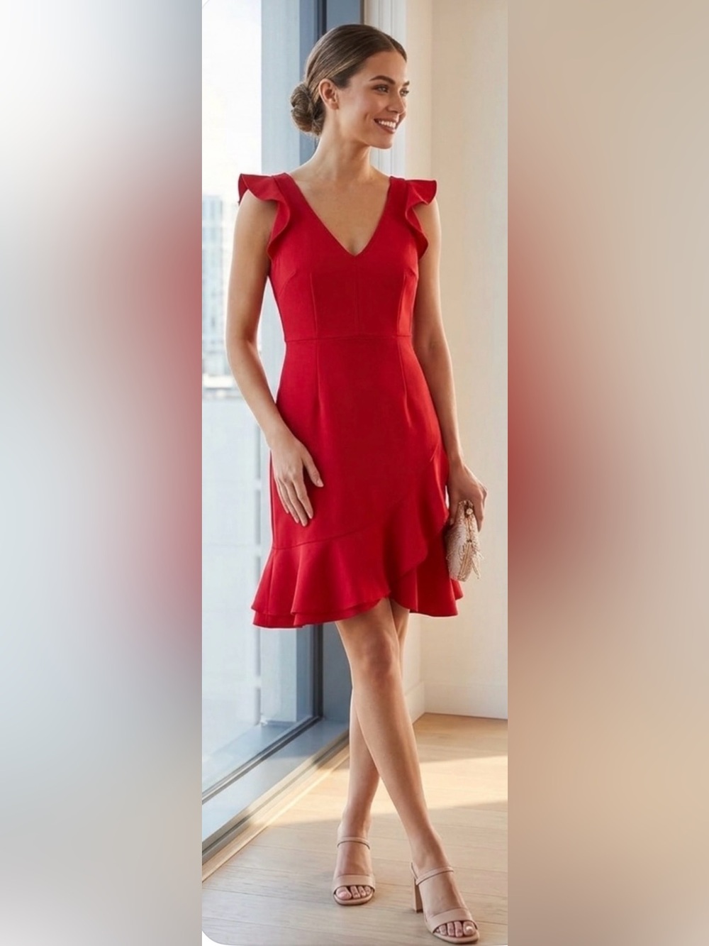 The Vanity Room Red V-Neck Ruffle Hem Dress (L)